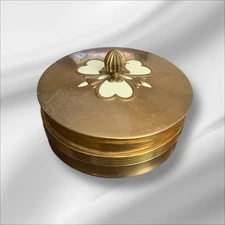 Vintage Bedroom Shabby Art Deco Brass & Glass Powder Hearts Vanity Trinket Jar 