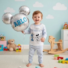 Baby Boy personalised birthday Pyjamas blue stripey pjs age 1-4year Mickey mouse