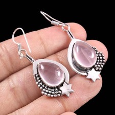 925 Sterling Silver Natural Rose Quartz Gemstone Jewelry Dangle Drop Earring