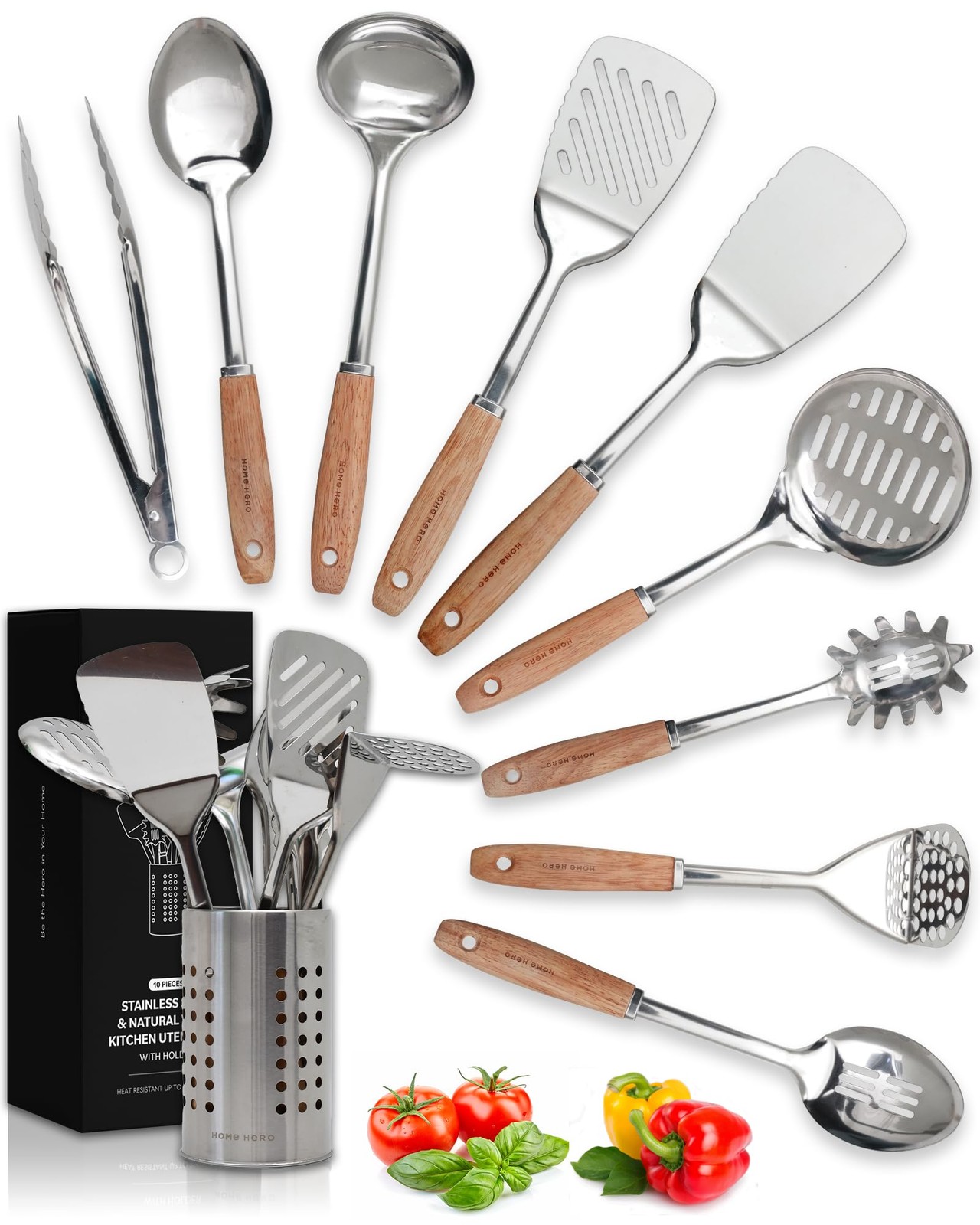 Home Hero 10-Piece Stainless Steel Kitchen Utensil 10 pieces, Silver & Wood