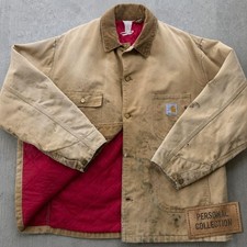 Vintage 1989 Carhartt 100 Year Chore Coat Blanket Lined Tan Distressed USA