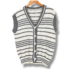 Striped Sweater Vest XL Button Up Sleeveless Knit Top Cardigan Ivory Gray