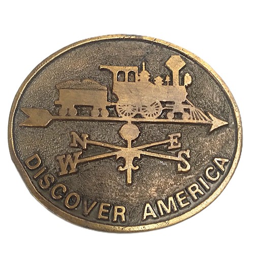 1970's Coal Train Weather Vane Discover America ADEZY Oval Belt Buckle 2.5" Long