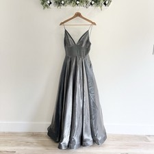 Sherri Hill Silver Metallic Satin A Line Formal Spaghetti Strap Dress Sweetheart