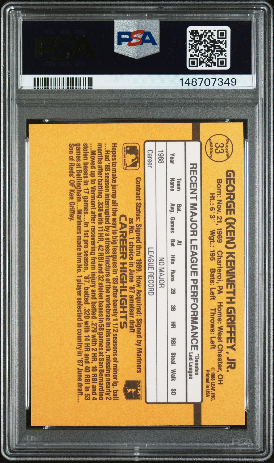 1989 DONRUSS #33 KEN GRIFFEY JR. ROOKIE RC PSA 9 view 2