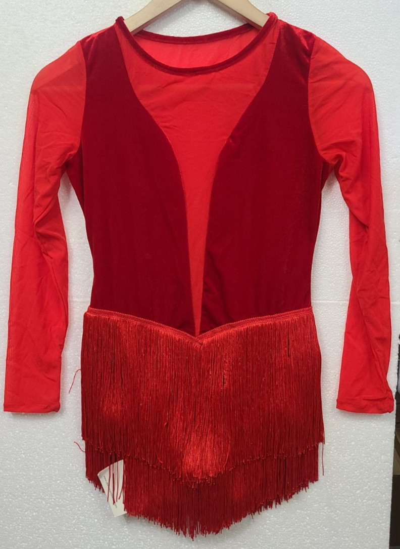 Dance and Sway Women's Latin Dance Dress Long Sleeve Fringe- RED, SZ: Med?