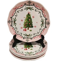 Potter's Studio Christmas Tree Ribbons & Bows Scalloped Salad Plates 8.75" Set/4