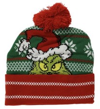 Dr. Seuss Grinch Green Pom Christmas Beanie Hat One Size Stretch Ships FAST 
