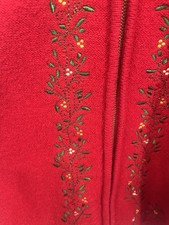 VTG KAREN SCOTT Cardigan M Red Wool Knit Full Zip Floral Embroidered small hole