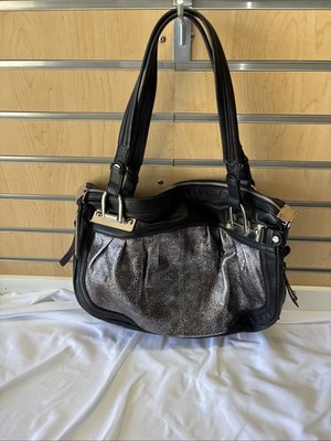 B. Makowsky Black And Silver/Metallic Leather Handbag, Hobo Style Bag