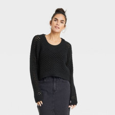 Women's V-Neck Openwork Pullover Sweater - Universal Thread  Black X-Small