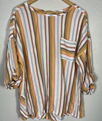 Soft Surroundings womens Enyo Striped Cotton Tencel Shirt Top Sz XL orange