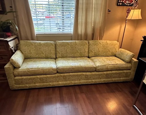 VTG MCM Low Rise Couch 97”x32.5”x28” Yellow Floral Pastel Blue Flowers Pattern - Picture 7 of 24