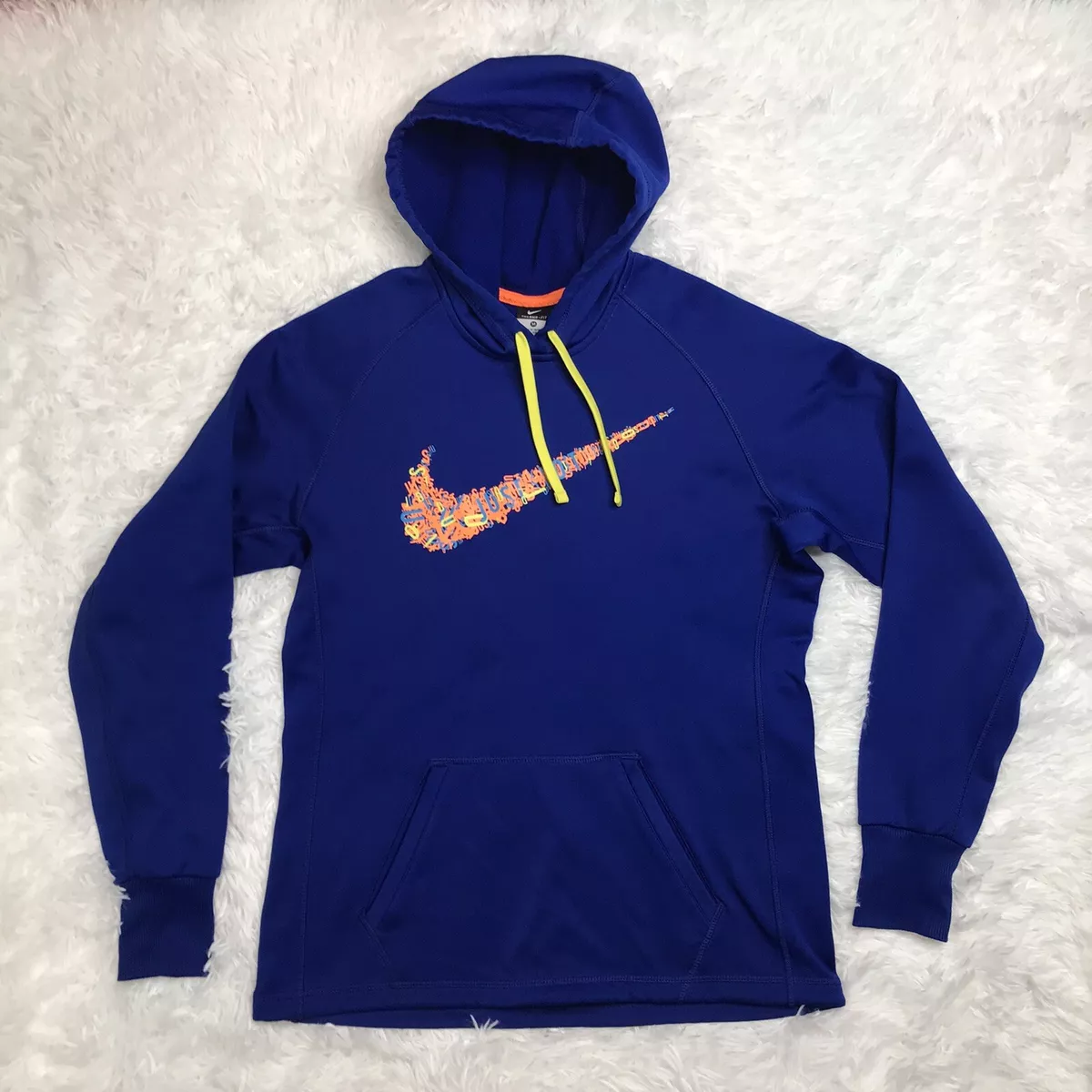 Nike Therma Fit Script Just Do It Womens Hoodie Size M Medium Blue Thumb holes