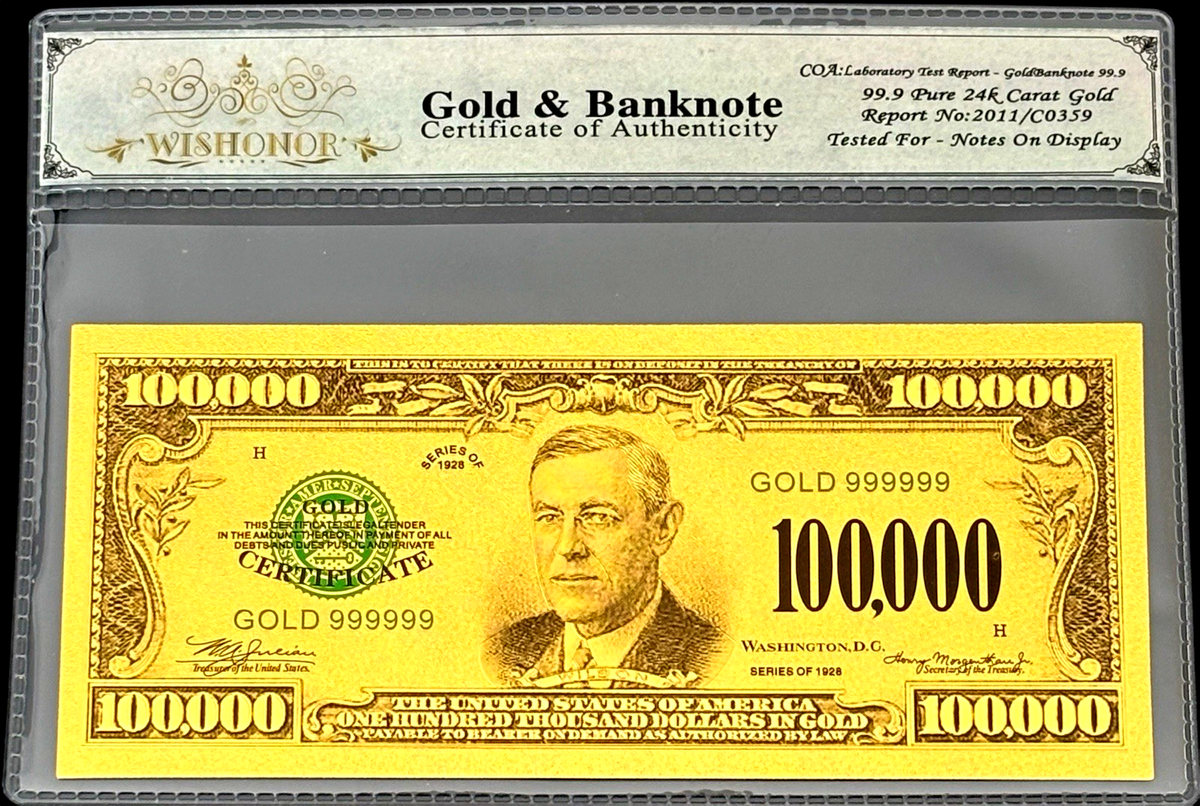 【新入荷】金箔のドル札 8枚！USA Dollar Bill 99.9 Gold $100,000 BILL US BANKNOTE IN PROTECTIVE SLEEVE W COA 99.9% 24K