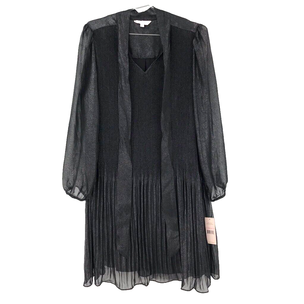 nanette lepore black pleated dress Nanette Lepore Womens Dress Black Silver Metallic Pleated Long Sleeve 10 New