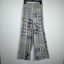 Vtg Sostanza Wide Leg Pants Blue Patchwork Print High Rise Pull On Boho 90s S