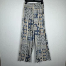 Vtg Sostanza Wide Leg Pants Blue Patchwork Print High Rise Pull On Boho 90s S