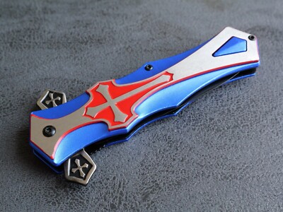 5” Cross Pocket Knife Blue Full Size Spear Point Chrome Heart