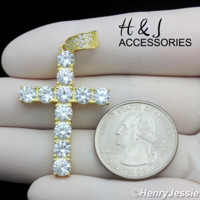 MEN WOMEN 925 STERLING SILVER ICY BLING CZ GOLD PLATED 3D CROSS PENDANT ...