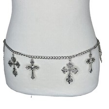 Goth Cross Chain Belt Silver Tone Metal Dangle Charms One Size to 44 Punk