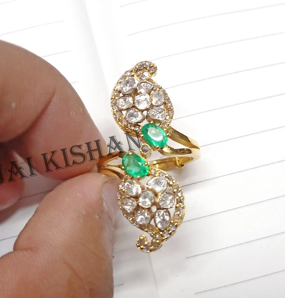 Elegant Smaragd Edelstein Polki Uncut Pflastern Diamant 925 Sterlingsilber Ring - Bild 4 von 4