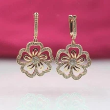 Women's Flower Drop Earring Round Cut Simulated Diamond 14k Yellow Gold Plated