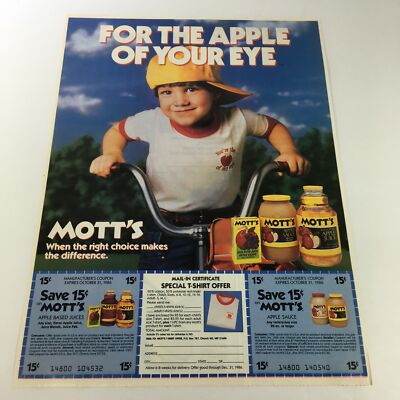 VTG Retro 1986 Mott's Apple-Based Juices &amp; Sauces Print Ad Coupon | eBay