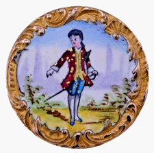 Antique Hand Painted Enamel BUTTON Nut Tree Boy PARIS Back NICE 1&1/4