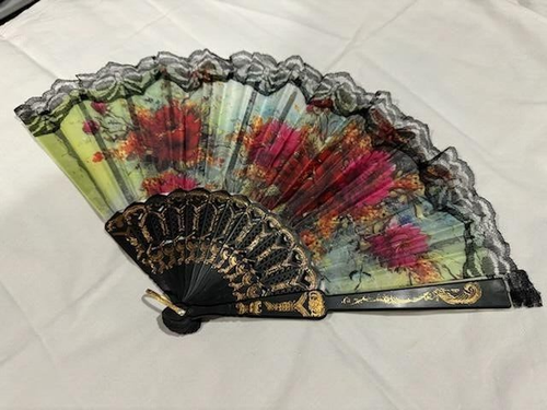 Folding Hand Fan Black Lace Multi Flower Color Design open size 16.5x9" - Picture 2 of 2