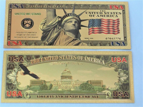 2 Gold 24K Foil Statue of Liberty Banknotes Coins no Paper Reserve US Coin Money