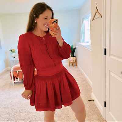 long sleeve boho mini dress Western Embroidered Back Front Button Tiered Fitted waist with a layered A Sea New York Red Boho