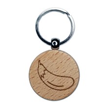 Eggplant Outline Engraved Wood Round Keychain Tag Charm