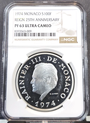 1974 MONACO SILVER 100 FRANCS RAINIER III ANNIVERSARY NGC PF 63 ULTRA CAMEO RARE