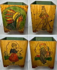 Antique Pyrography Flemish Art 4 Panel Signed Open Wood Box - Wood Burning