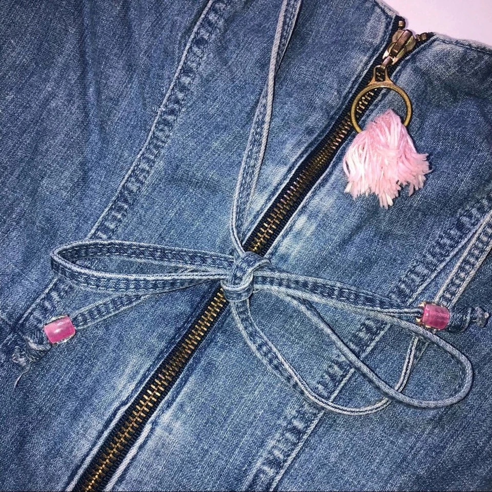 Wildfox Kiera Denim Halter Tassel Bead Jumpsuit Size Small - Image 3 of 4