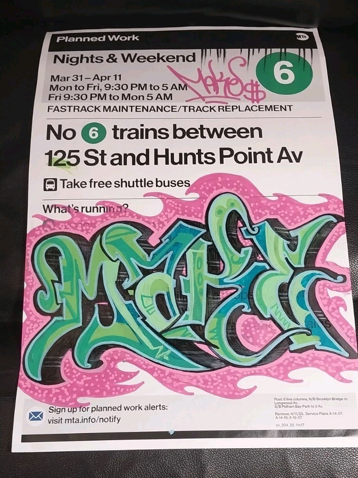 Original New York Subway Sign By Graffiti Artist MAKE$ - 11' x 17'