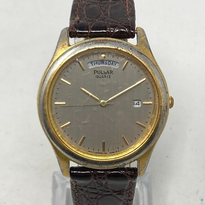 #ad #ad Vintage Pulsar Watch Men 34mm Gold Tone Day Date Gray Dial V544 7A50 New Battery $23.99