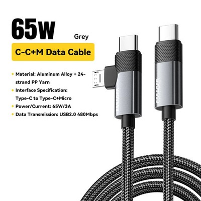 Essager 2 in 1 USB C Cable PD 65W Fast Charging Type C/USB A To Micro USB Wire