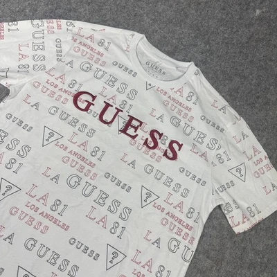 Guess Los Angeles Mens All Over Logo Graphic T-Shirt White Red T3BI58 KBIV0 S - Image 1 of 4