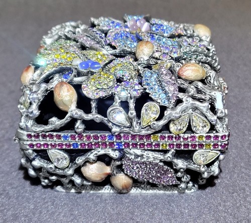 Vintage Emaille Strass Kristall Floral Zinn Schmuckschatulle Andenkenschatulle - Bild 4 von 13