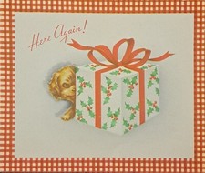 Christmas Card Vintage - Puppy Peeking Behind Holly Gift Box - Red Gingham 5x4