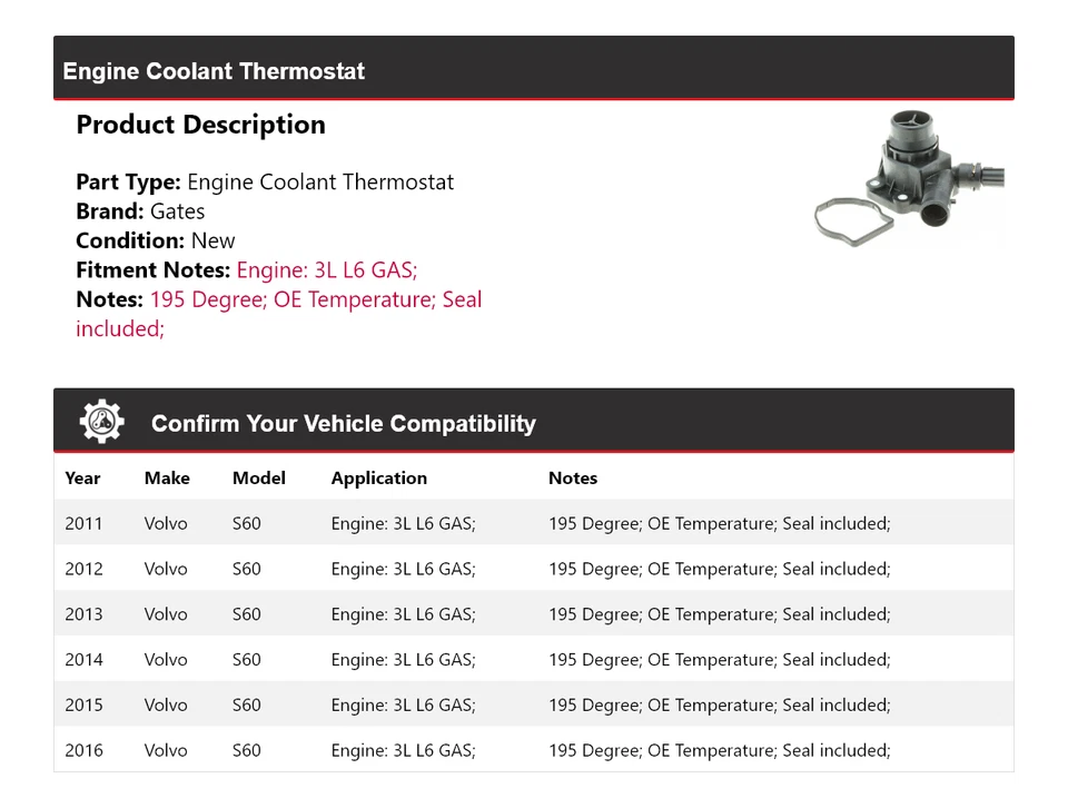 Para Volvo S60 2011-2016 3L L6 Motor Gas Refrigerante Termostato Puertas 2012 2013 2014 Foto 2 de 4
