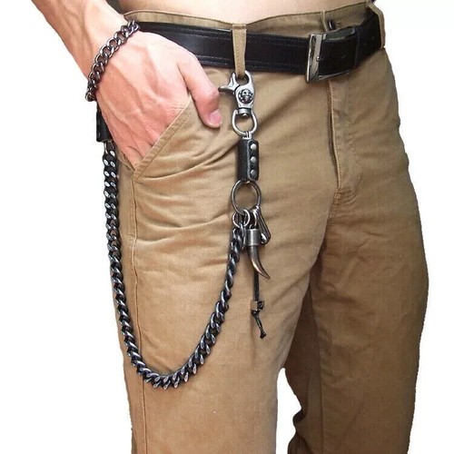 Strong Men Silver Metal Wallet Chain KeyChain Biker Horn Charm Jeans Money Clasp - Picture 4 of 17