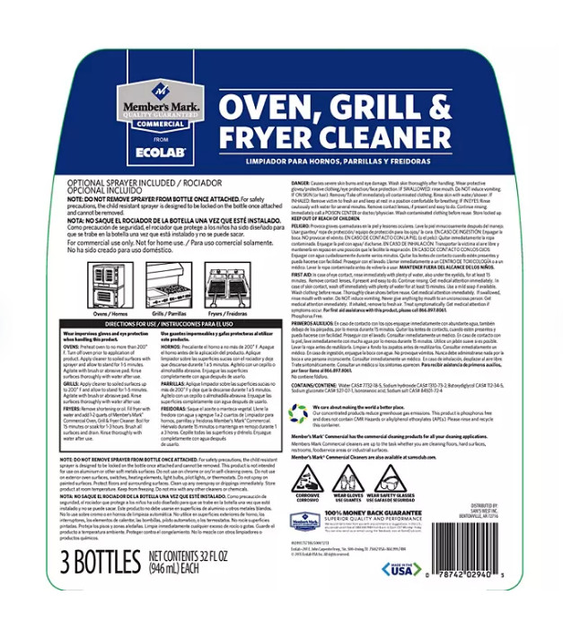 Member's Mark Commerical Oven, Grill And Fryer Cleaner By Ecolab 32 Oz