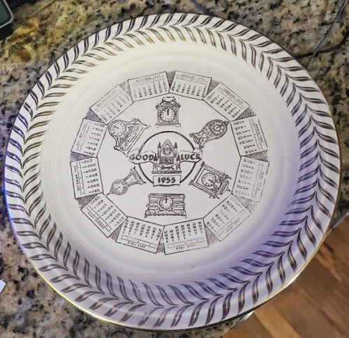 Vintage 1955 Fiesta Ivory Good Luck Calendar Plate with Gold Trim