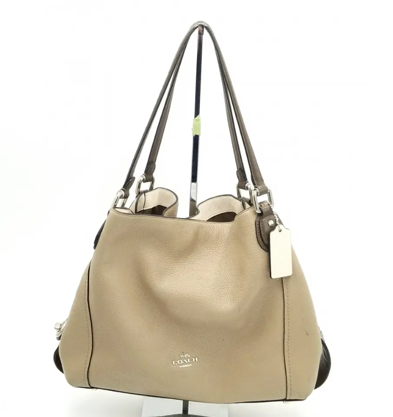 Coach Edie Turnlock Beige Triple Compartment Exotic Trim Shoulder