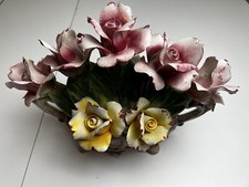 Capodimonte Italy Porcelain Roses Basket Centerpiece Large 9 X 12 Pink Yellow