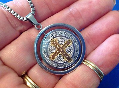 St BENEDICT Protection NECKLACE Two Tone Saint Medal Stainless Steel Spinner 27''