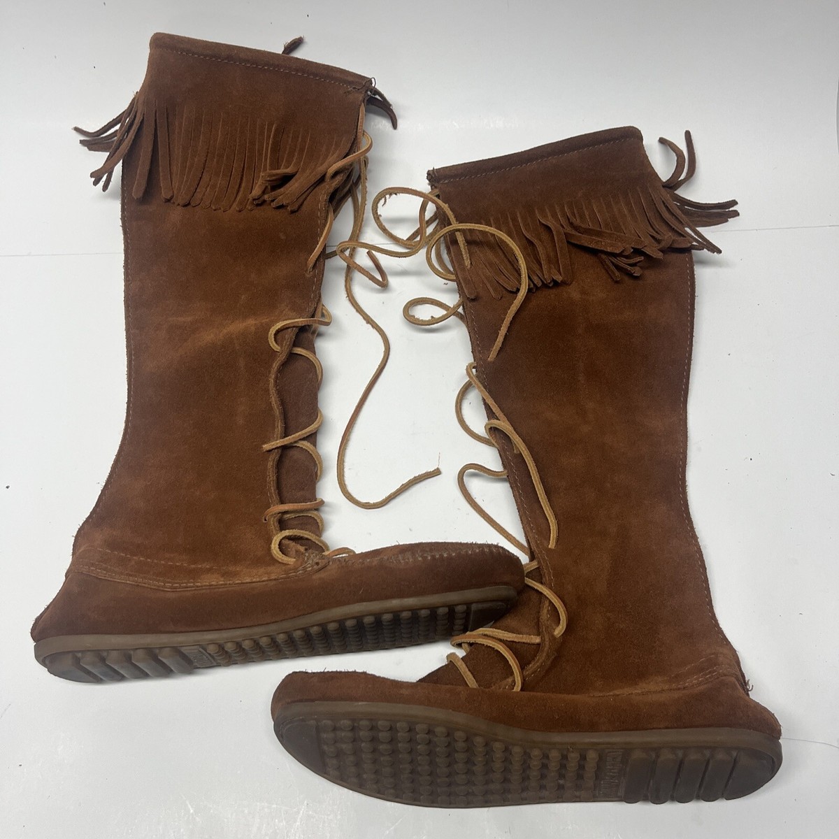 MINNETONKA #1422 Chestnut Brown Suede Fringe Lace Up Tall Moccasin Boots Sz 